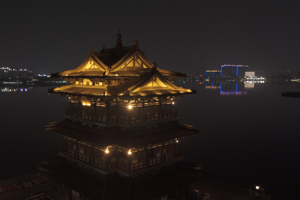 宜興宜園云溪樓夜景環(huán)繞航拍-近距離環(huán)繞練習